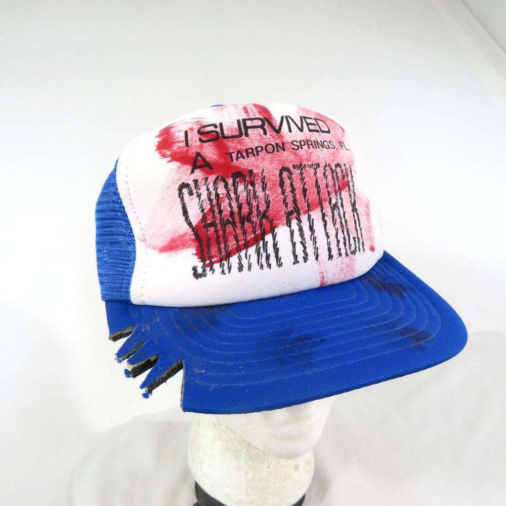 Funny I Survived Shark Attack Tarpon Springs Florida Trucker Blue Hat 1990s